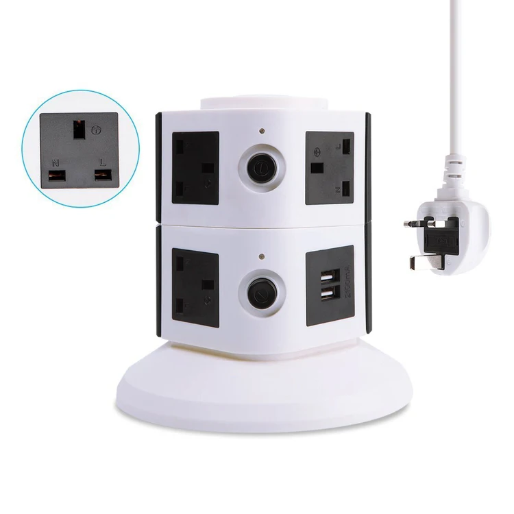 UK Type Multi Plug Tower Socket 5 Outlet 2 USB Port Power Strip Surge Protector With 13 Amp Overload Protector Individual Switch