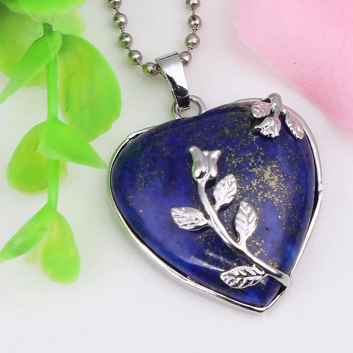 
JOYA GIFT Jewelry Silver Wrapped Leaf Heart Healing Stone Pendant Amethyst Crystal Heart Pendant Necklace for Charm Jewelry 