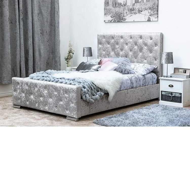 Diamond Upholstered Fabric Bed Frame Velvet Chenille Double Mink, Silver and Charcoal (Silver)