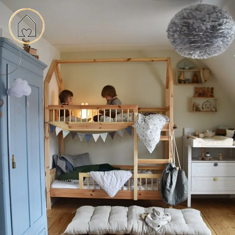 Home decor kids bedroom furniture solid pine wood house shape bunk bed for sale