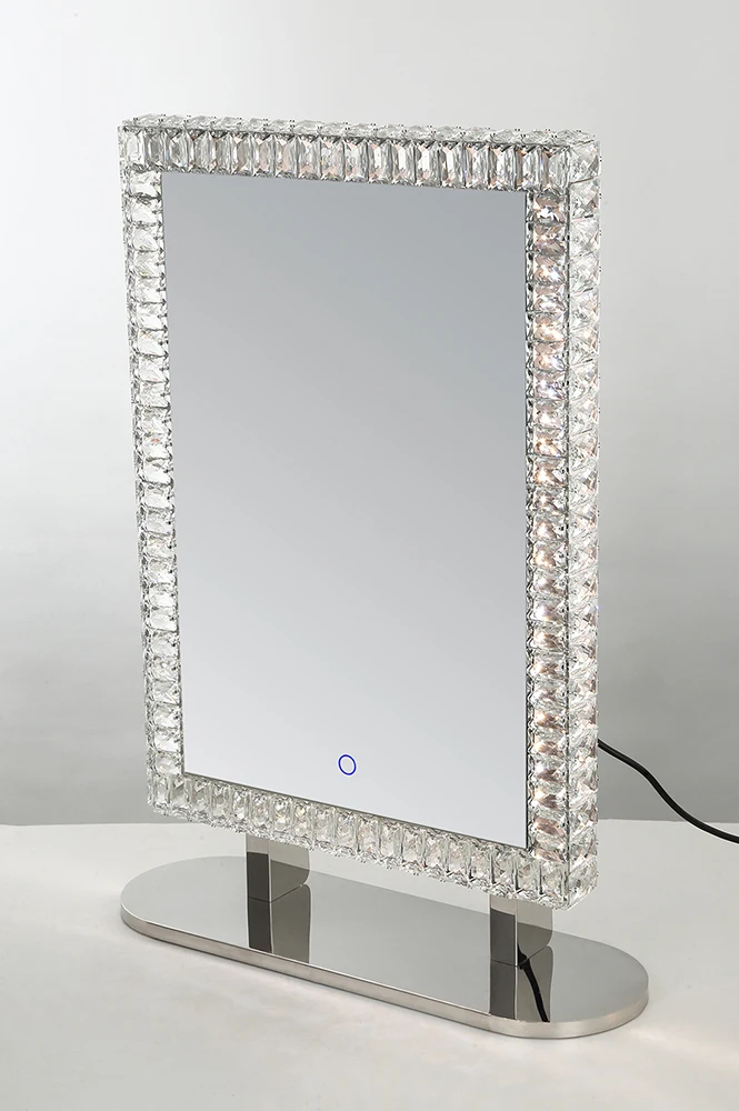 2021 Hot Sale Rectangle Shape Desktop LED Chrome Crystal Standing Mirror For Makeup Using
