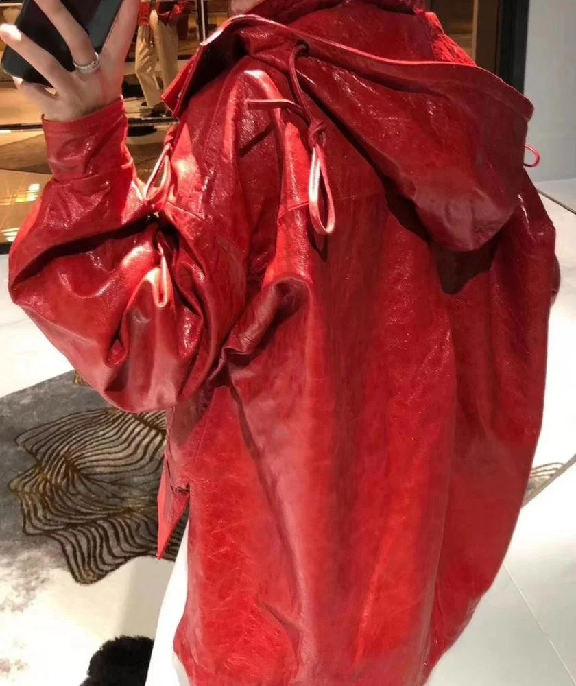 2021 New Red Color Bomber Jacket Outwear Casual Genuine Leather Windbreak Trench Coat Wax Sheepskin Leather Jacket for Women