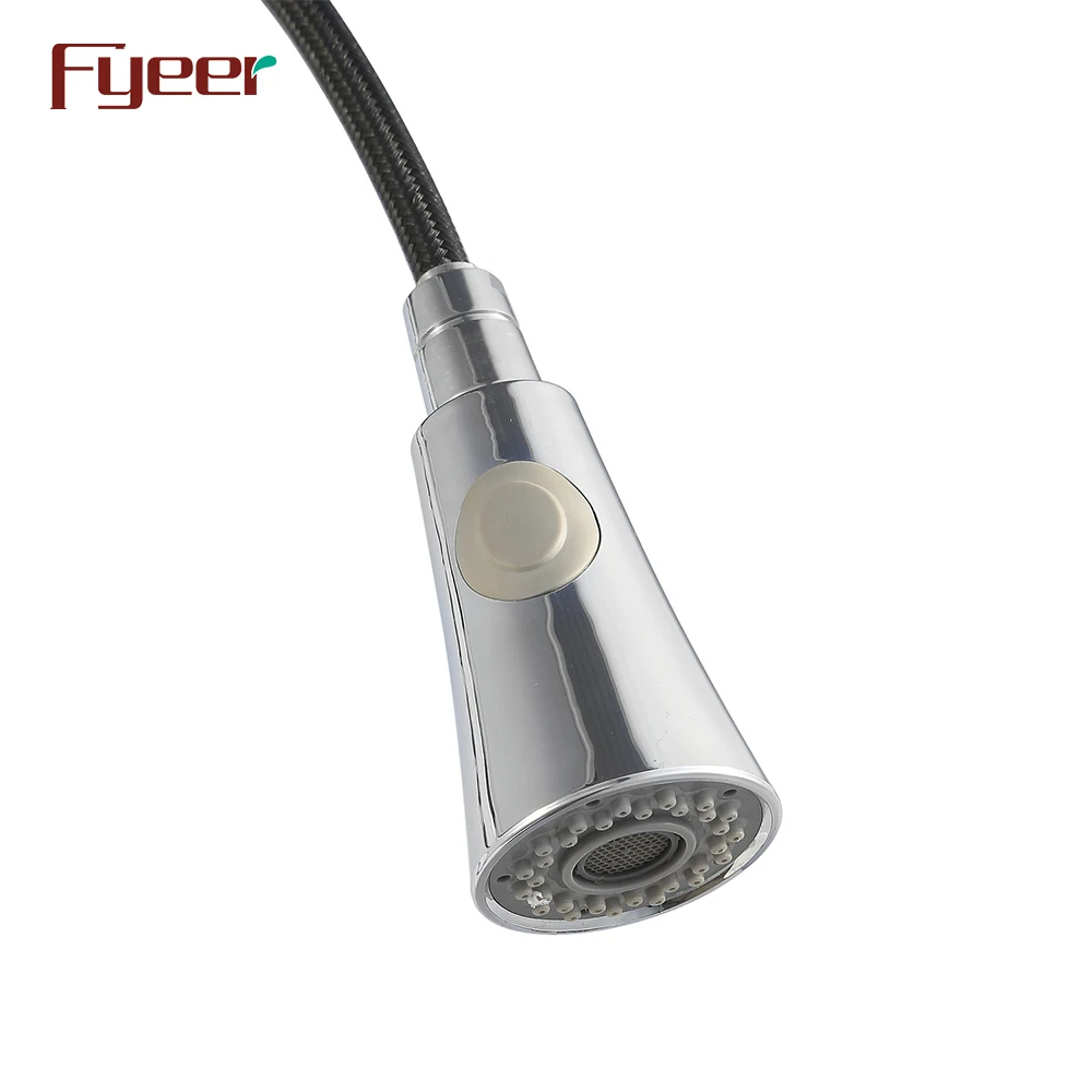 Fyeer Round Spray Brass Pull Down Kitchen Sink Faucet with Black Handle