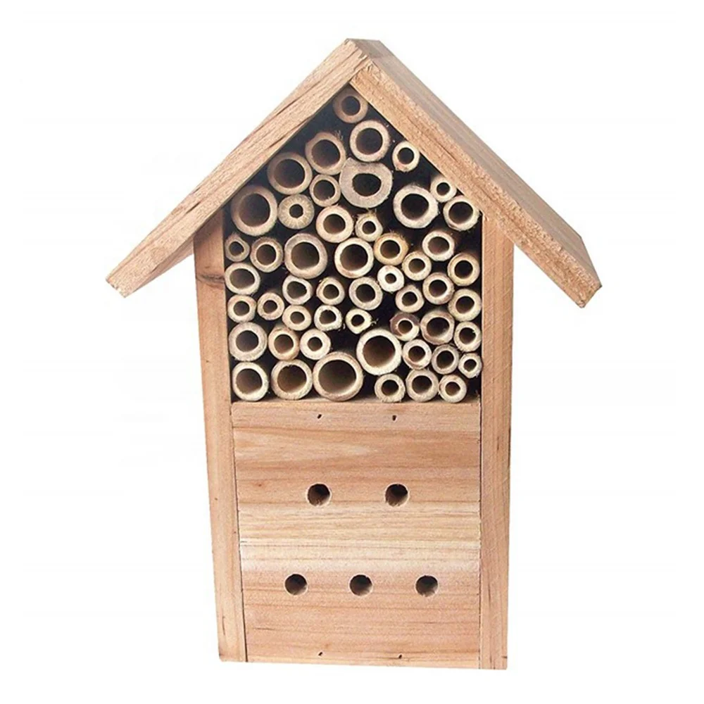 
High Quality Wooden Bamboo Honey Bee House Insect Hotel With Gable Roof 