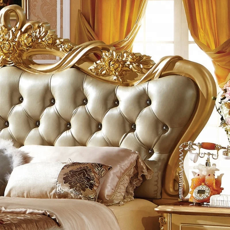 Luxury  Design Bedroom Furniture Golden color King Size Wooden Leather Bed