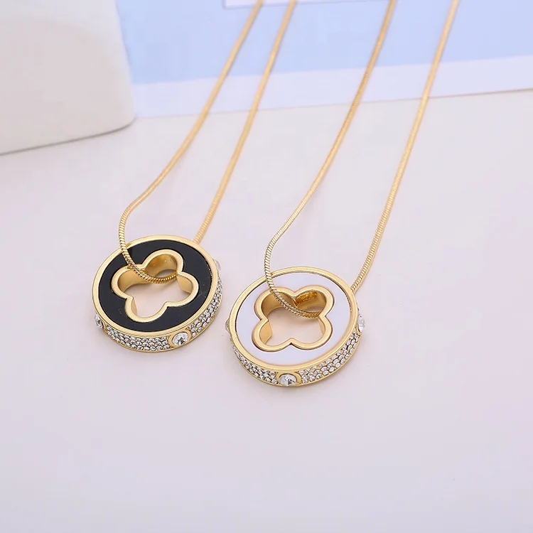 Non Tarnish Jewelry 18k Gold Plated Big Crystal Round White Black Four Leaf Clover Pendant Long Chain Necklace For Women