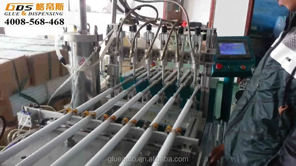 
T8 glass tube glue dispensing machine, automatic glue dispenser for T8 glass tube, 400pcs/h capacity 