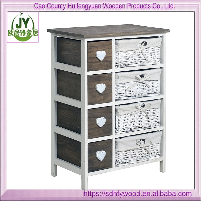 Wooden Drawer Cabinet Bedside Units Storage Willow Basket Wicker Chest white and brown