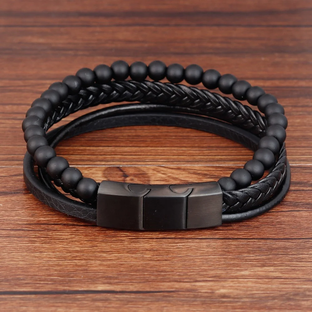 Mens Nature Meteorite Bead Stone Black Leather Bracelet Top Sellers 2019 for Amazon