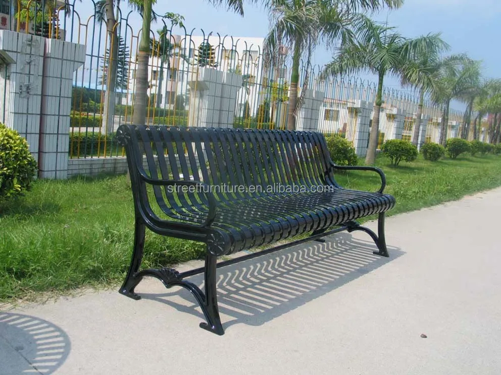 Metal outdoor bench for public park with cast iron bench legs