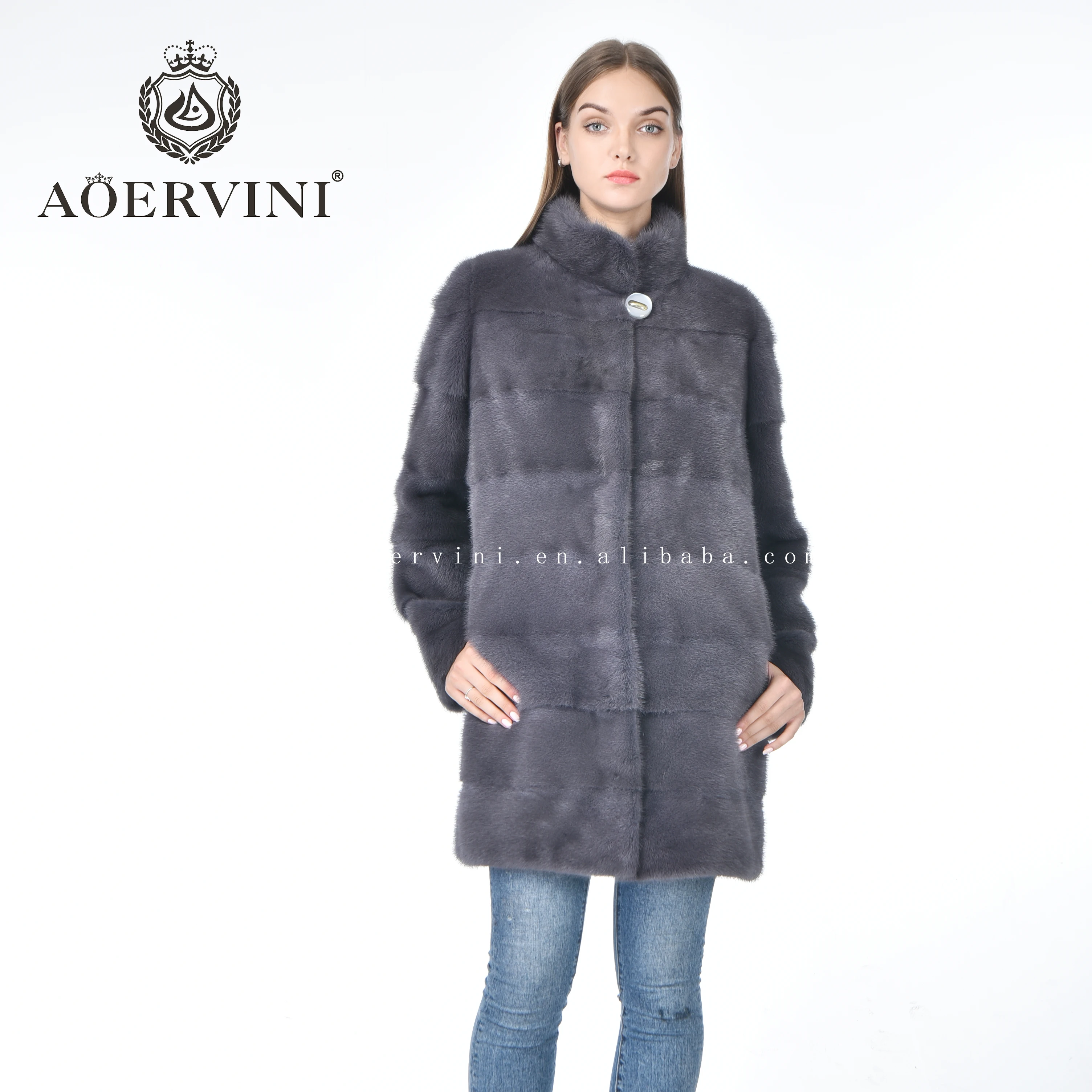 
Fashion classic standing collar hot selling gray women mink fur coat 