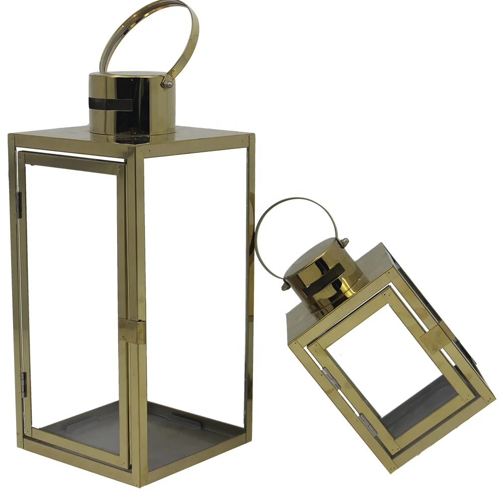 Gold Set Of 2 Polished Antique Metal Ramadan And Lantern Shiny Decorative High Quality Stainless Steel Candle Lanterns