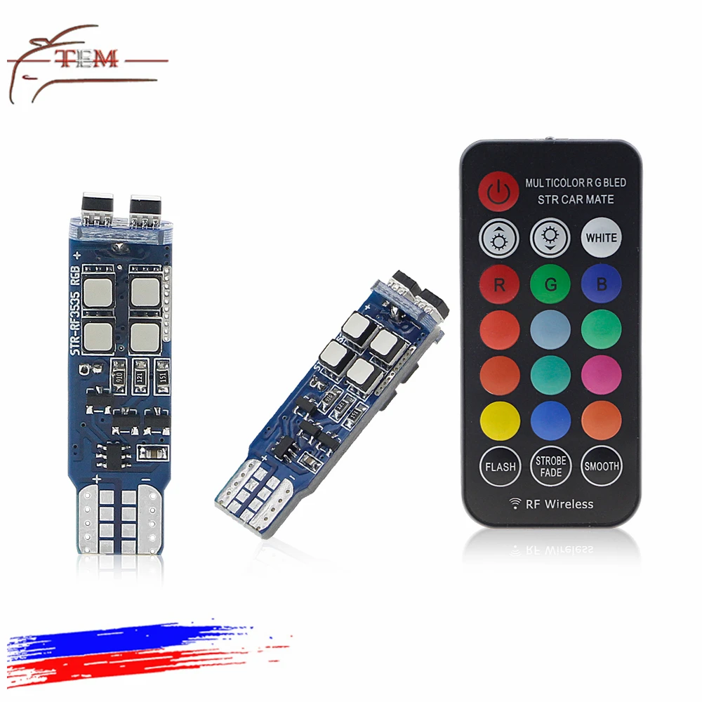 Colourful LED Light Bulbs T10 W5W With RF Remote Control 2825 Strobe RGB Car Interior License Plate Dome Door Light