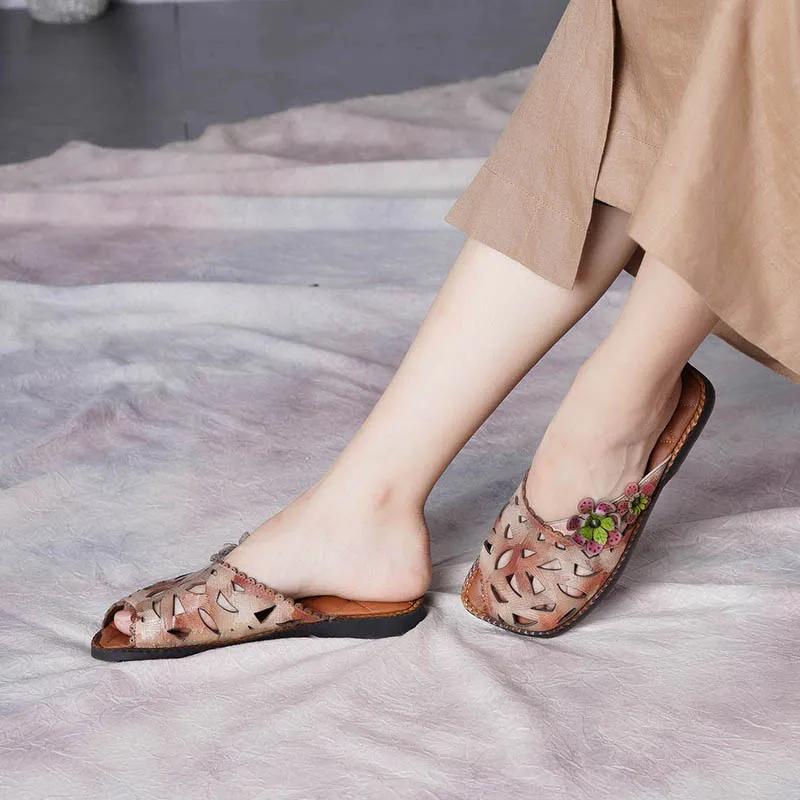 
New floral flower pattern hollow out fish mouth genuine leather comfortable casual sandal slipper for woman lady girl summer 
