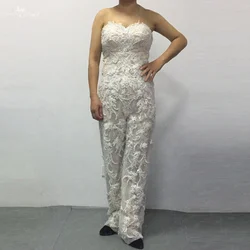 LZ286 Detachable Long Train Satin Wedding Dress Sweetheart Neckline Beaded Lace Luxury Dress 3-D Flowers Jumpsuit Women