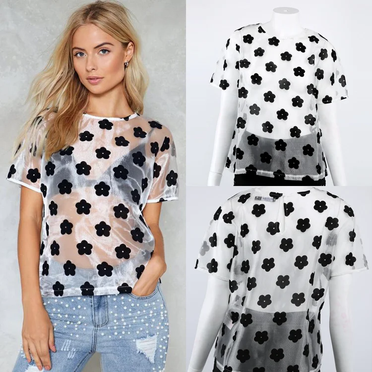
Sexy Women T Shirt See Through Transparent Tops Short Sleeve Sheer Slim Ladies O-Neck Girl crush Print Hollow Out T-Shirt 