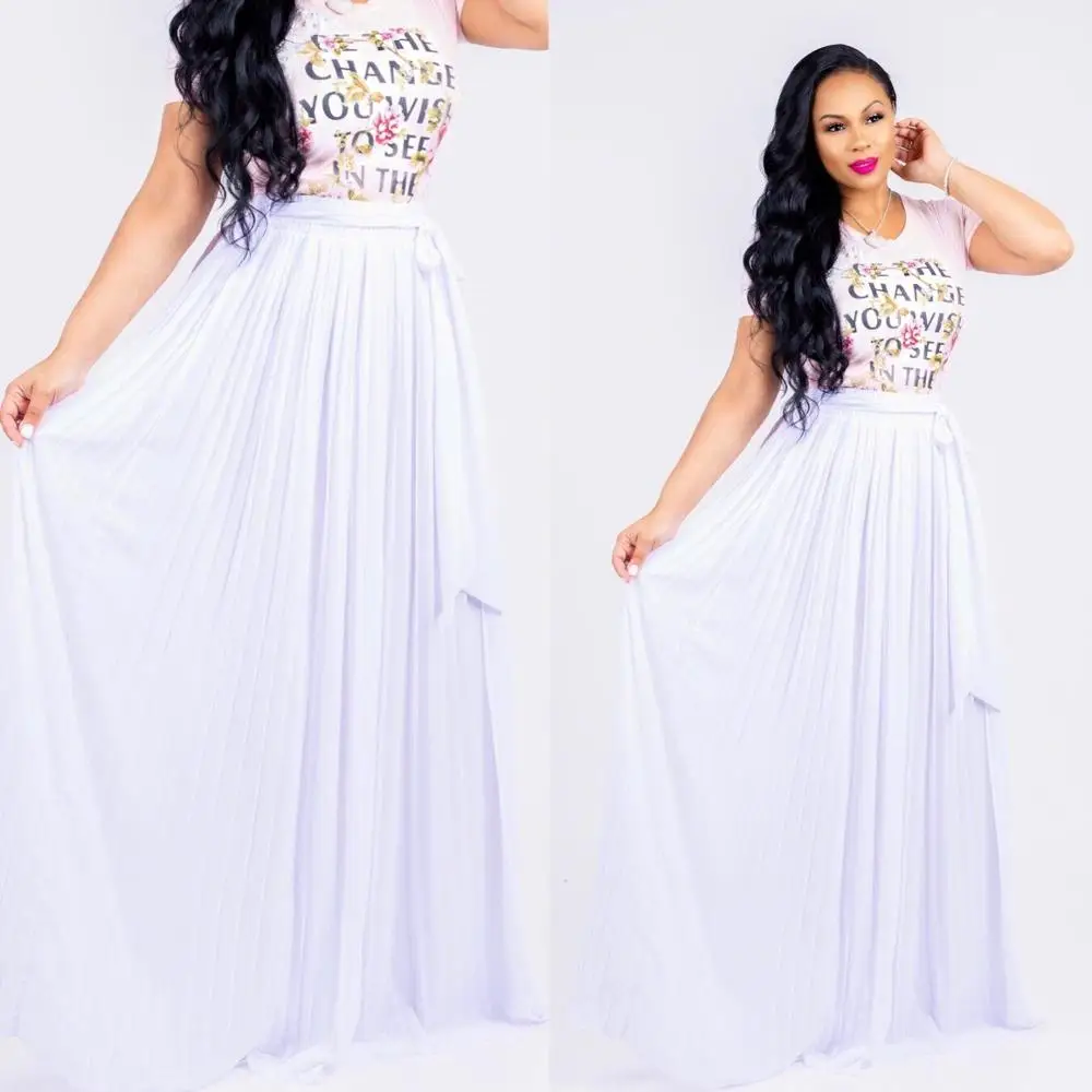 Wholesale women soild color long pleated chiffon skirts high quality crepe chiffon skirt with waist strap