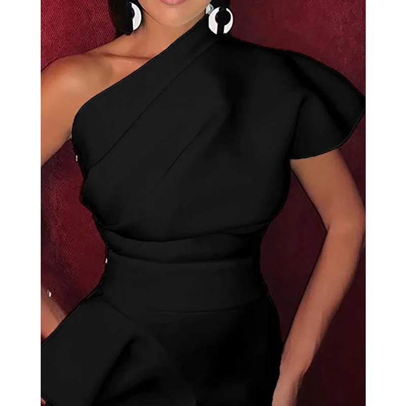 Women solid black polyester One Shoulder Ruched Irregular Party Dress  hidden side zipper closure pencil hem banquet  prom dress