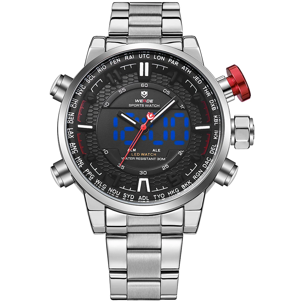 2018 WEIDE IP Silver Stainless Steel LED Clock, LED Display Wristwatches WH6402 for men