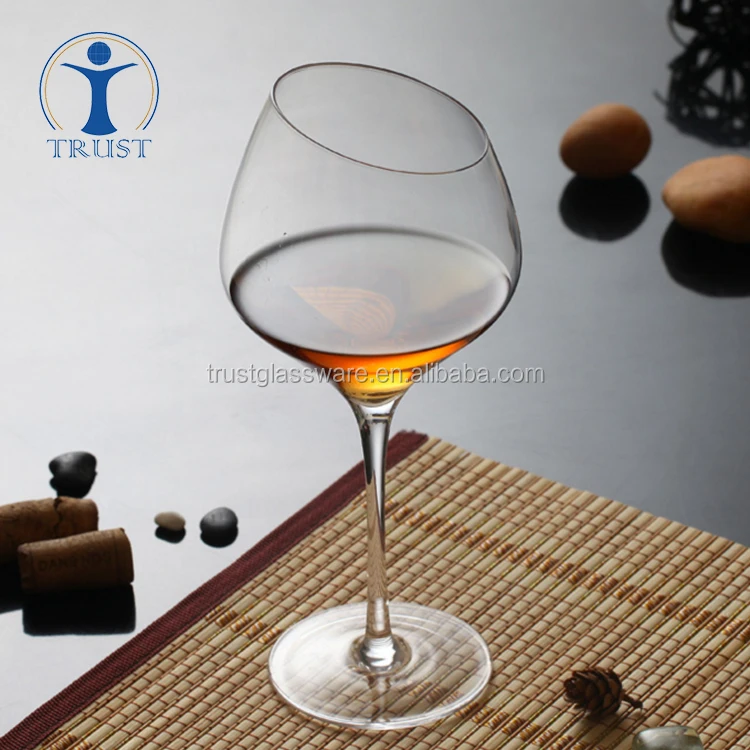 Long Stem Oblique Mouth Blown Crystal Beveled Red Wine Glass