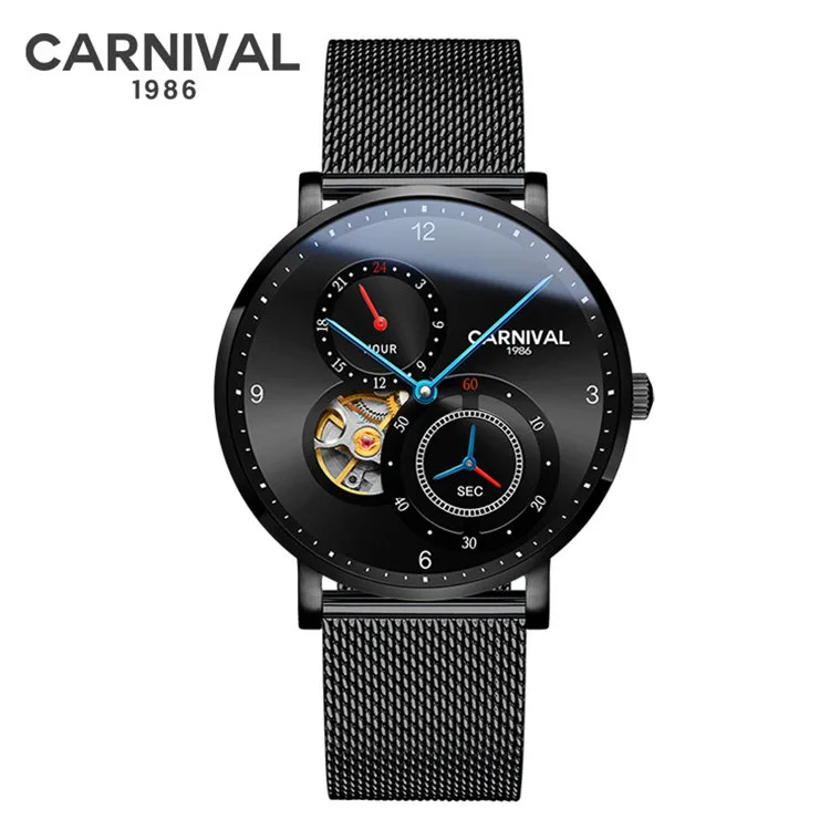 Fashion Tourbillon Mechanical watches CARNIVAL 8062 Automatic watch men Small second dial 24 hours display Sapphire Montre homme