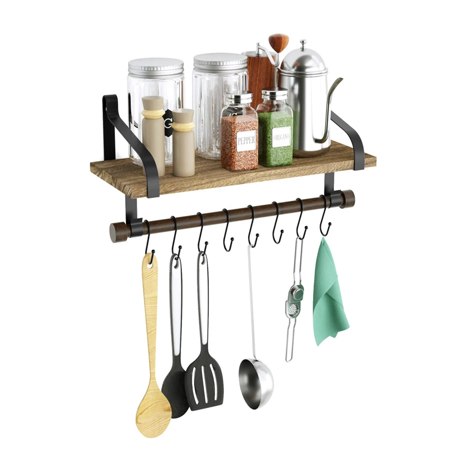 Rustic Kitchen Organizer with Wooden Board And Removable Hooks Organising Cooking Utensils Multi-Use as Spice Rack