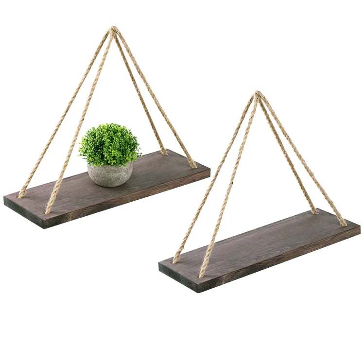 set of 2 black wood wholesale hanging rustic home wall shelf,for Bedroom, Living Room,plants pot