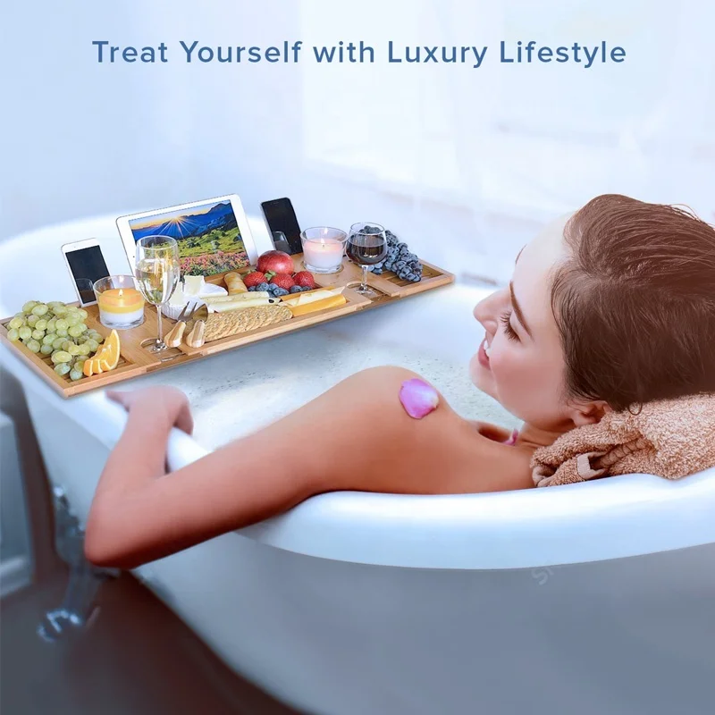 Luxury Wood Natural Bamboo Bathtub Caddy/Bath Serving Tray
