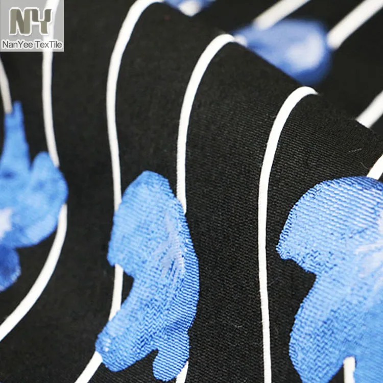 Nanyee Textile Pure Black Base Blue Flower White Stripe Polyester Blending Jacquard Fabric