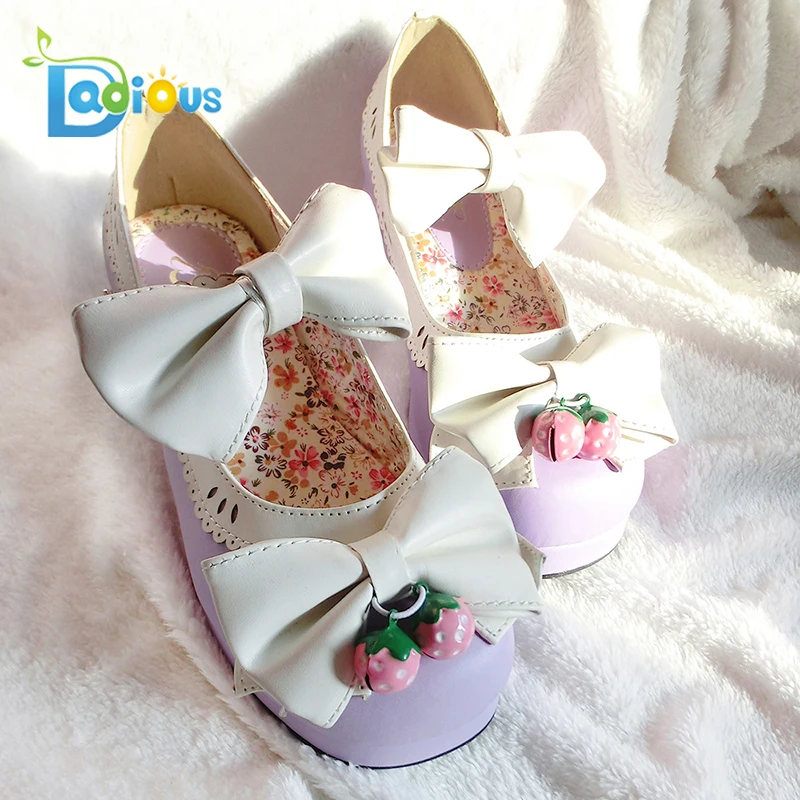 DDLG Little Girls Womens Bows Bells Buckle Lolita Shoes Cosplay Chunky Mid Heels For Ladies