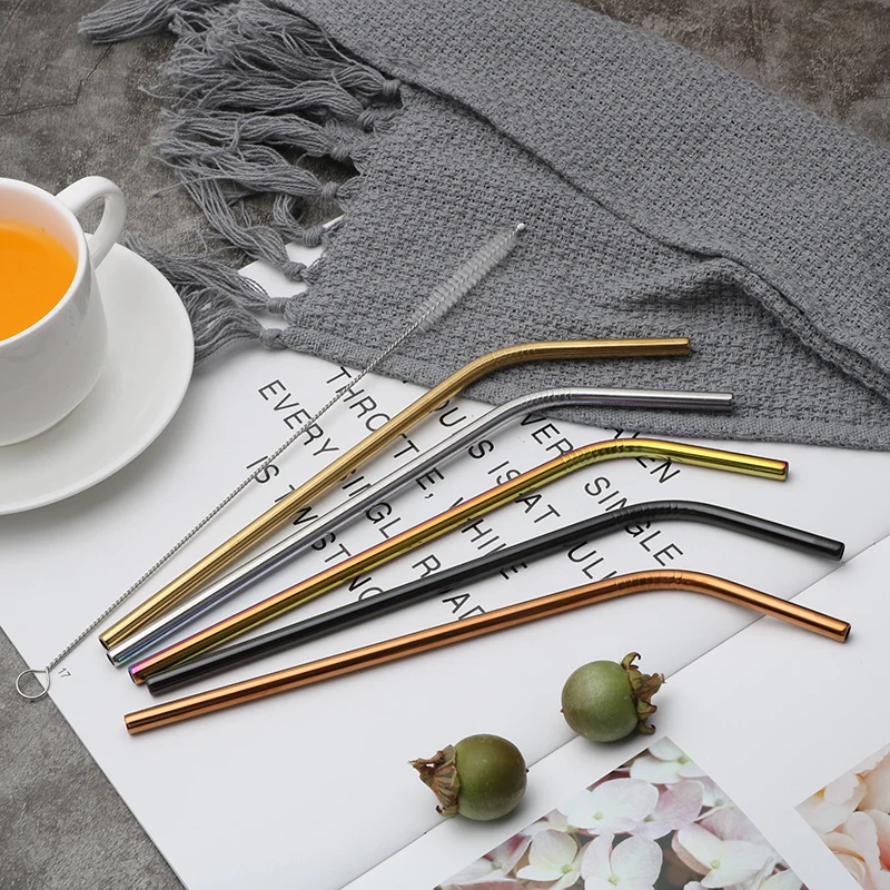 Reusable Food Grade Stainless Steel Gold Metal Straws, rainbow/black/gold/rose gold/blue color straws