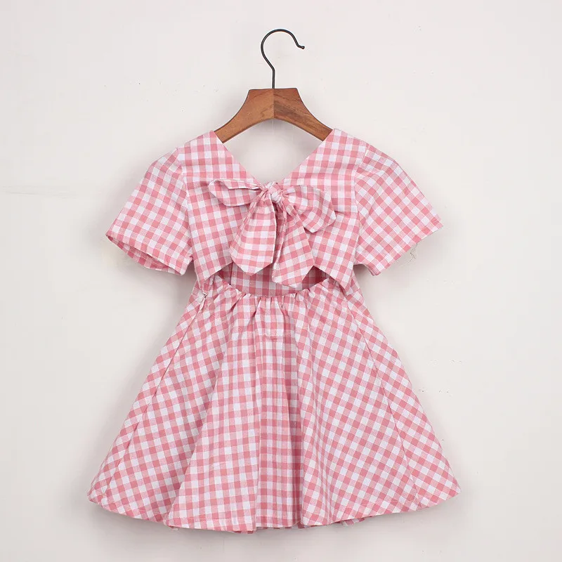 
Western Little Girls Boutique Clothing Blue Plaid Short Sleeve Summer Kids Girls Dress with Bow 