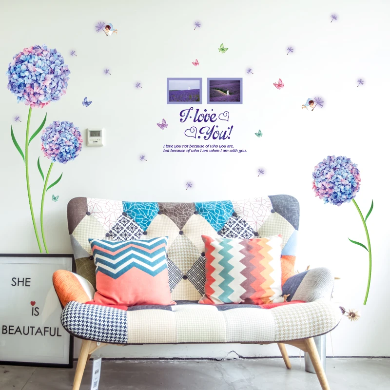 YIYAO Nature Series 3D Purple Dandelion Flower Removable Vinyl DIY Wall Sticker