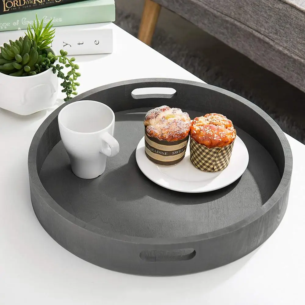 Round Nesting Charcoal Gray Wood Serving Trays Set of 2