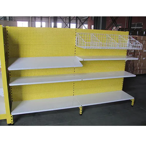 AU50 gondola shelving with wire basket shelves in Australian market with bright yellow powder coating surface