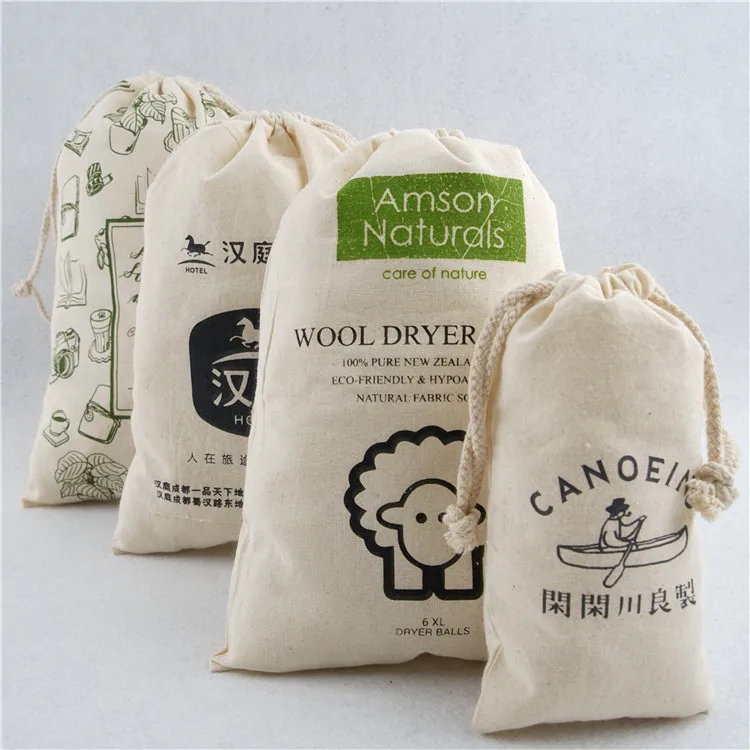 Wholesale Custom logo printed small 100% cotton muslin drawstring gift bag, soft cotton pouch printing logo