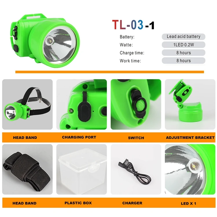 
TL-03-1 ( 1 LED 0.2W ) Lead acid battery Portable led head light rechargeable green LED headlamp for rubber farming work 