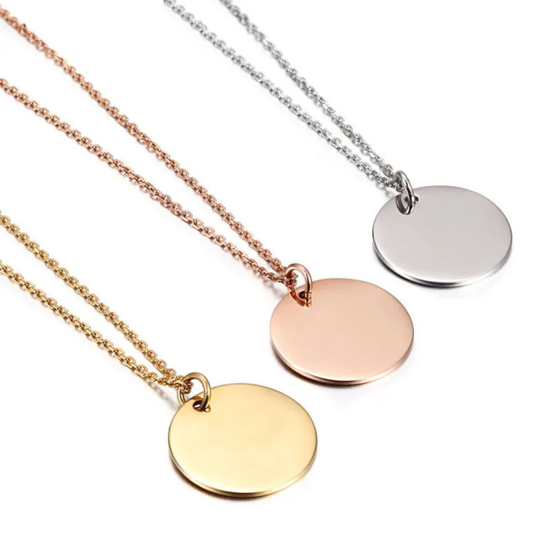 JDP079 High polish Blanks Tags 18mm Round Charm Pendants with chain 316L Stainless steel Necklace jewels