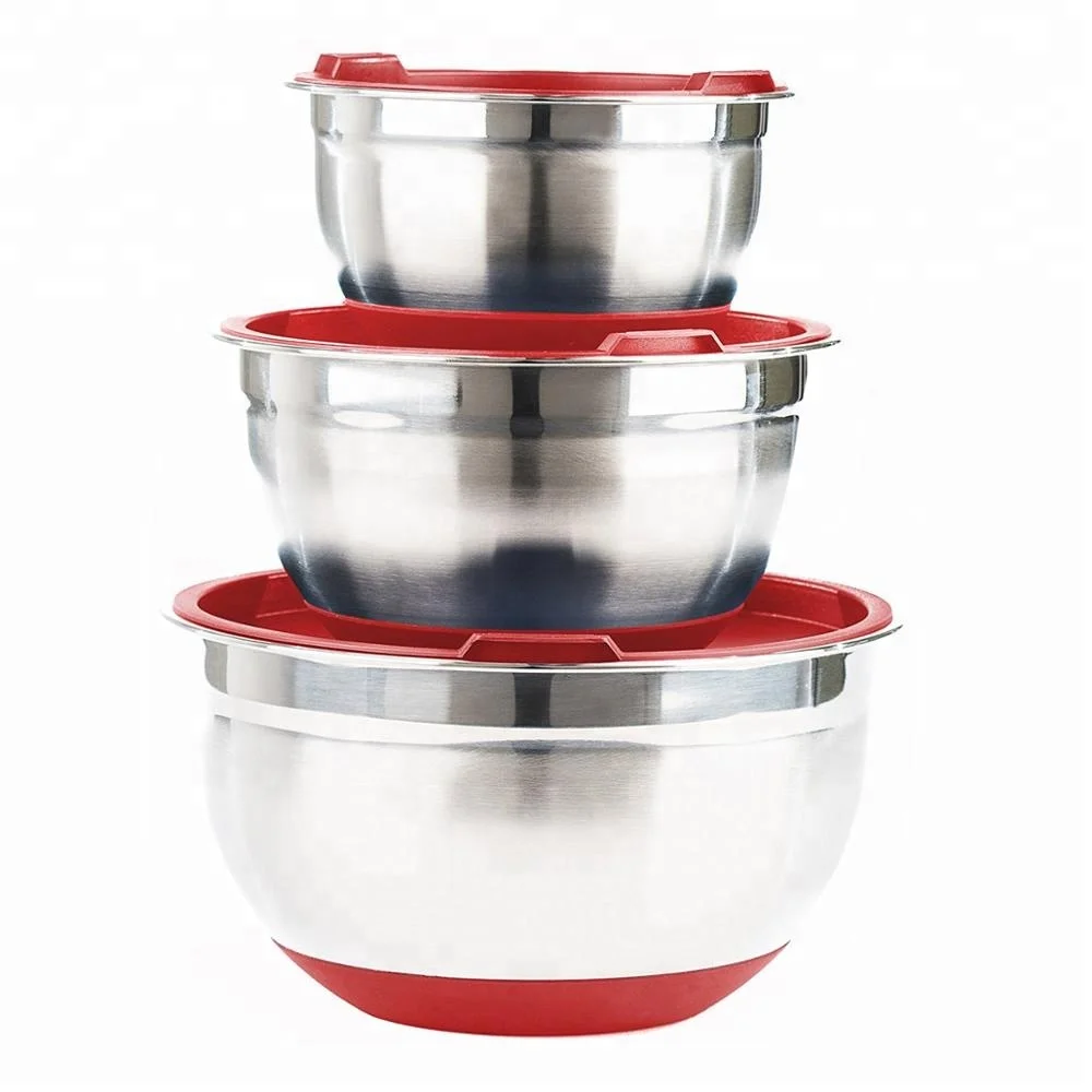 Perfect Set of 3 Non-Slip Stainless Steel Mixing Bowls with Lids