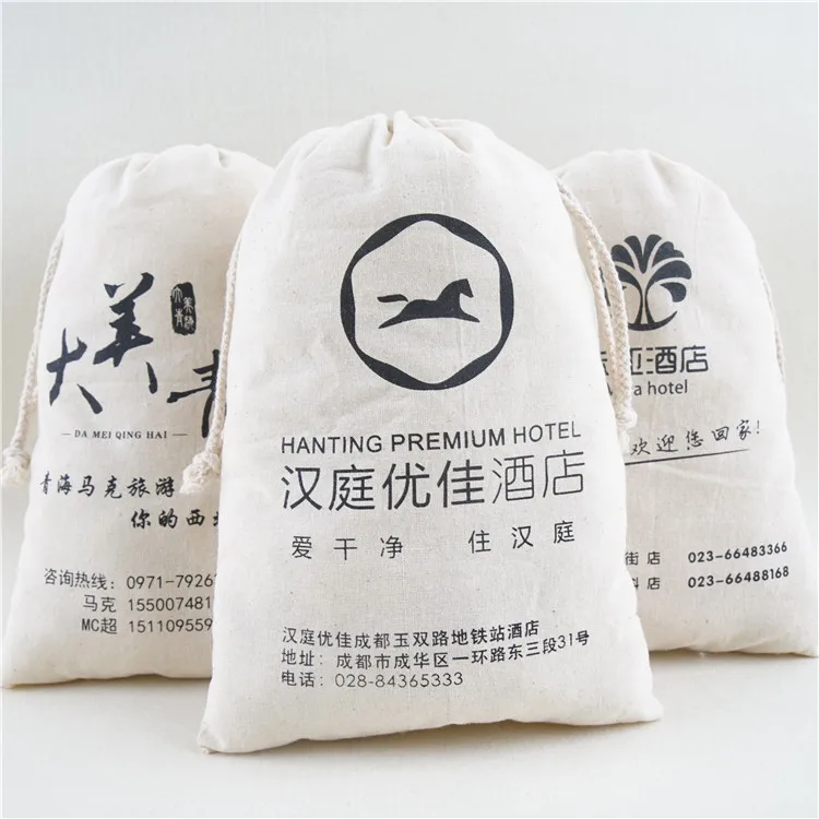 Hotel Use Custom Logo Printed Cloth Drawstring Cotton Laundry Bag