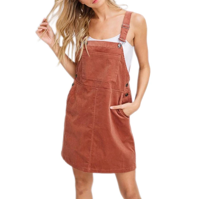 Custom Ladies Pinafore Dress Adjustable Shoulder Straps Multi Pockets Corduroy Overall Dress