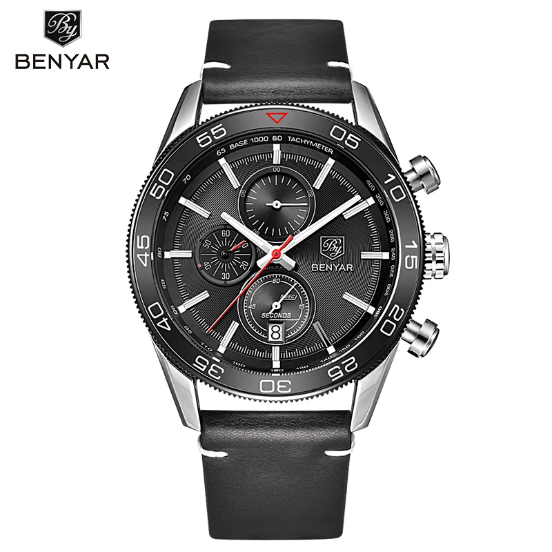 Good Price BENYAR Men Chronograph Waterproof Sport Genuine Leather Mens Wrist Military Army Watch 5106