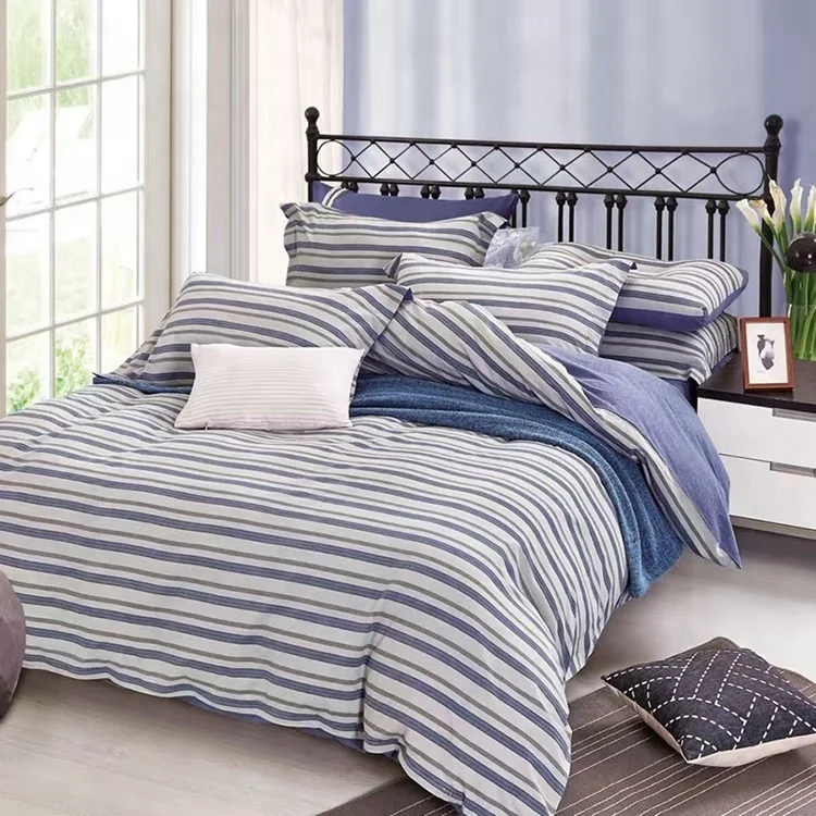 Custom korean stripe hotel bedding four sets 100% Cotton Flat Sheet , Quilt Cover , Bed Linen With Pillow Case