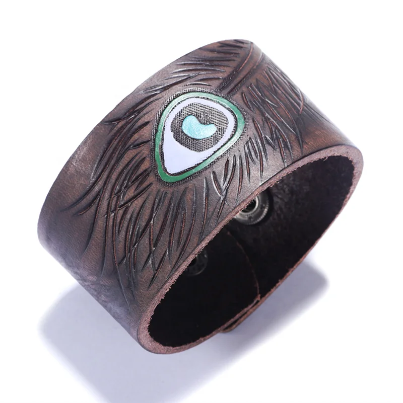 Vintage Adjustable Button Women Men Peacock Feather Printed Genuine Leather Cuff Bangles & Bracelets