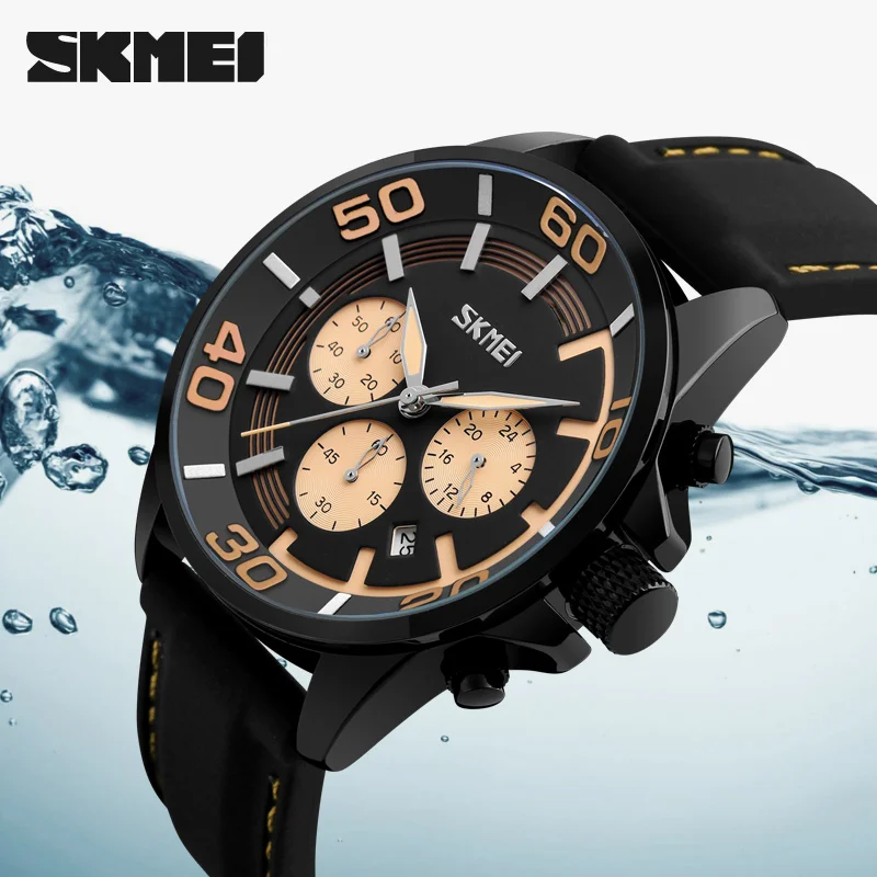 SKMEI 9154 mens luxy three dial genuine leather quartz watch