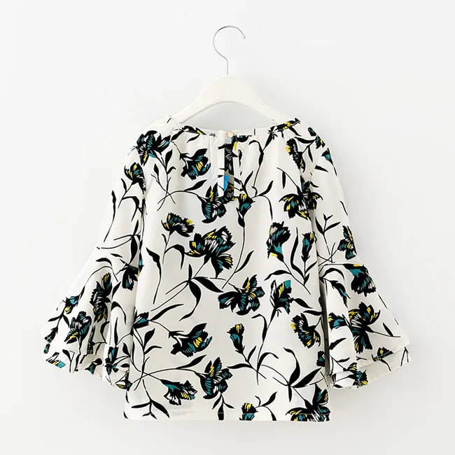 Kids & Teenager Girls Clothes Flower Print Big Flare Long Sleeve Spring Chiffon Blouse Children Fashion Tops