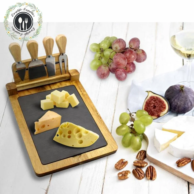 Guangzhou supplier Cheese knife set Cheese Plate Party Serving Tray Removeable Slate Cheese board set