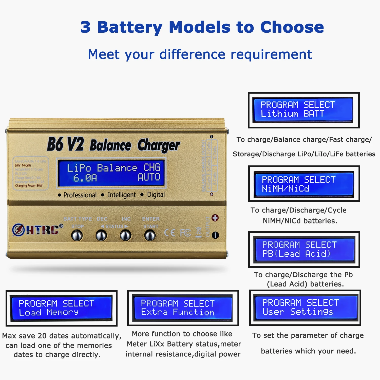 
HTRC B6 V2 80W Professional Digital Lipo Battery Balance Charger Discharger for LiHV LiPo LiIon LiFe NiCd NiMH PB Battery 