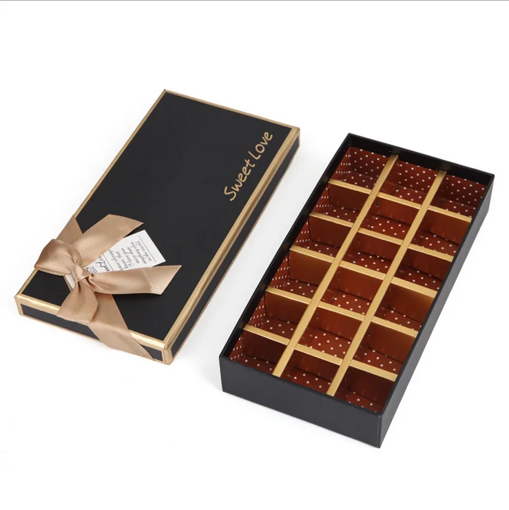 Luxury chocolate food grade rigid paper 2mm thickness cardboard gift 2 piece packaging bowknot box with separate lid divider