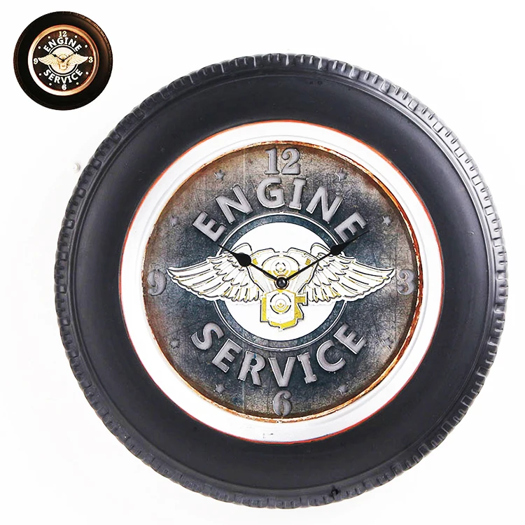 
Factory price antique retro car tire glow iron wall clock for home decor 